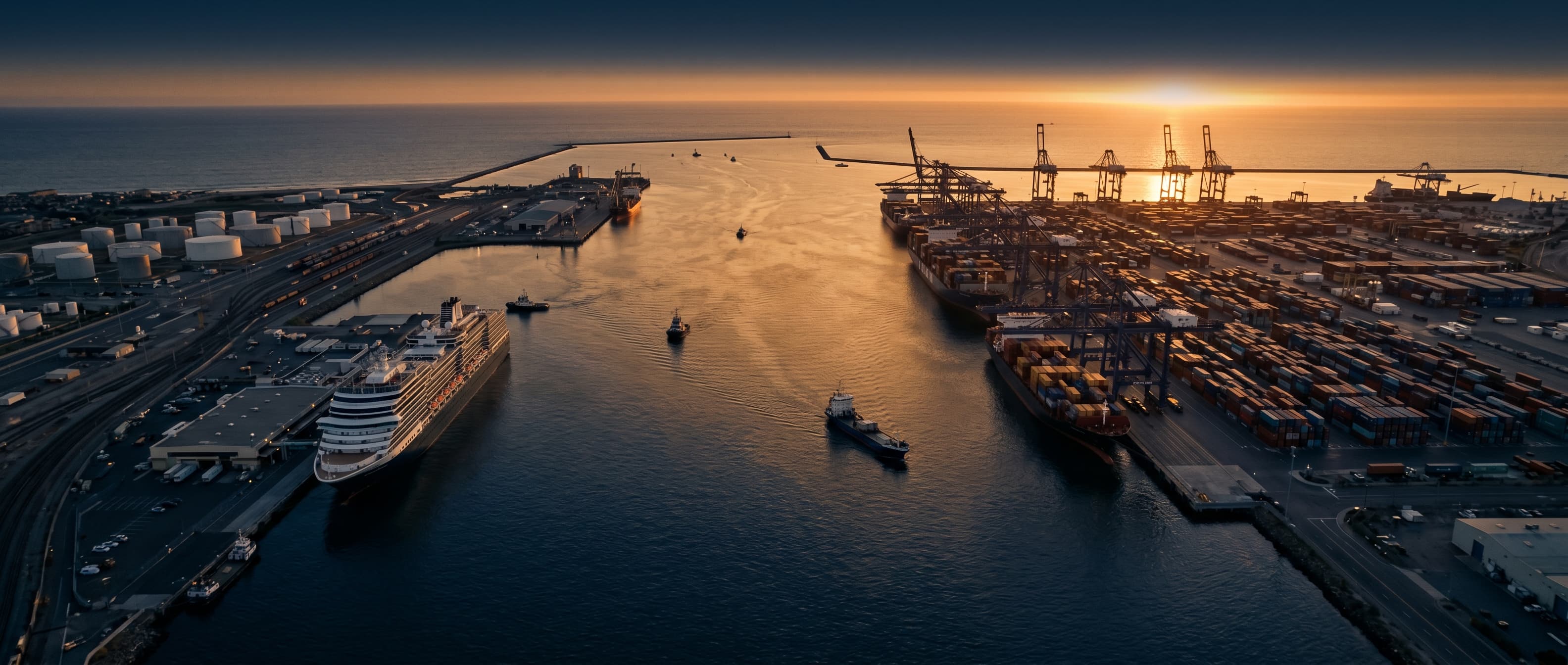 Aerial view of a working maritime port at golden hour